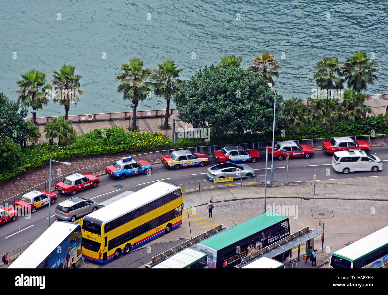 Luftbild auf Taxis und Busse Station Hong Kong Insel China Stockfoto