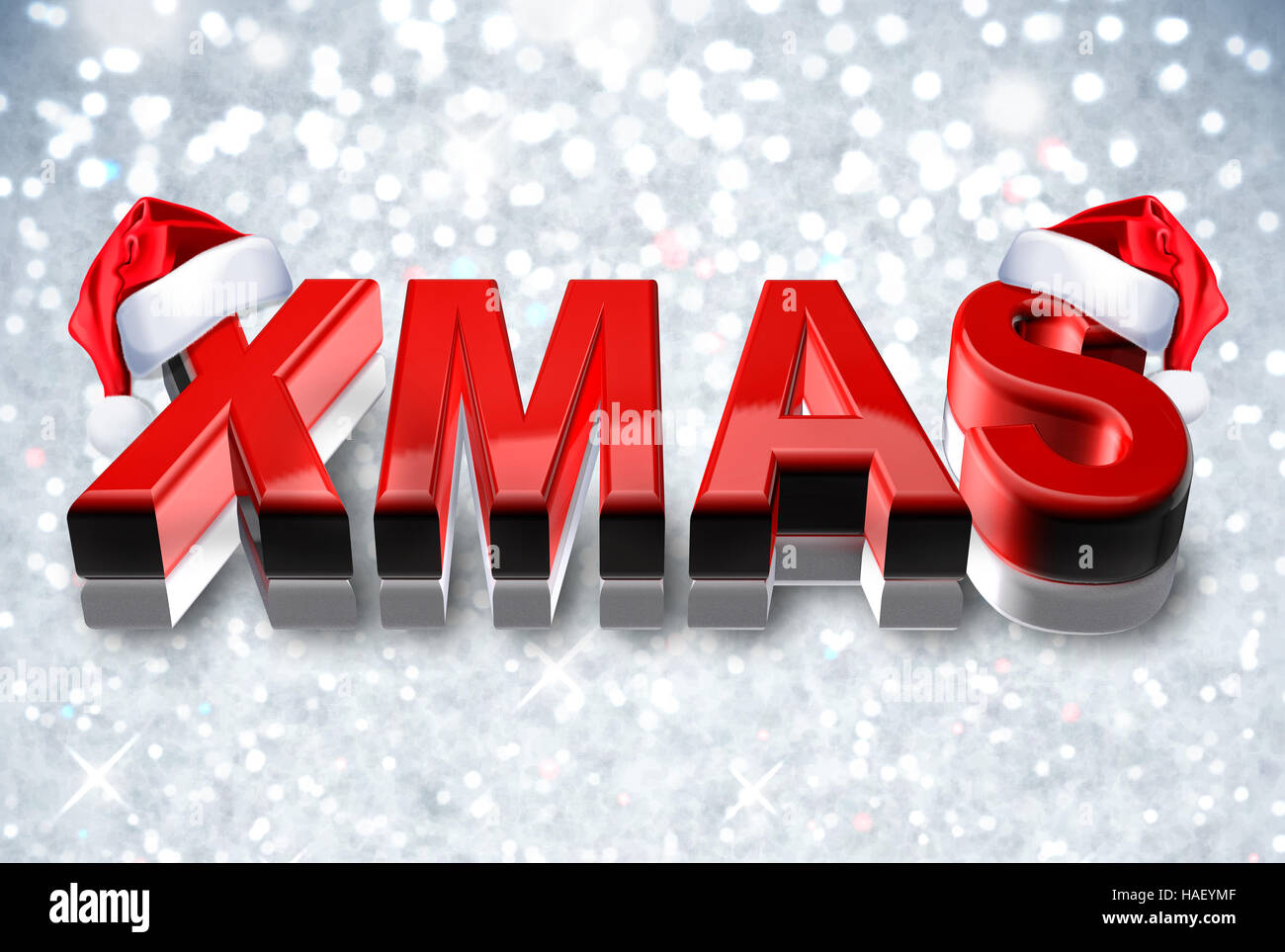 3D Render des Wortes Xmas mit Nikolausmütze rot - bunte Schneeflocke Hintergrund Stockfoto