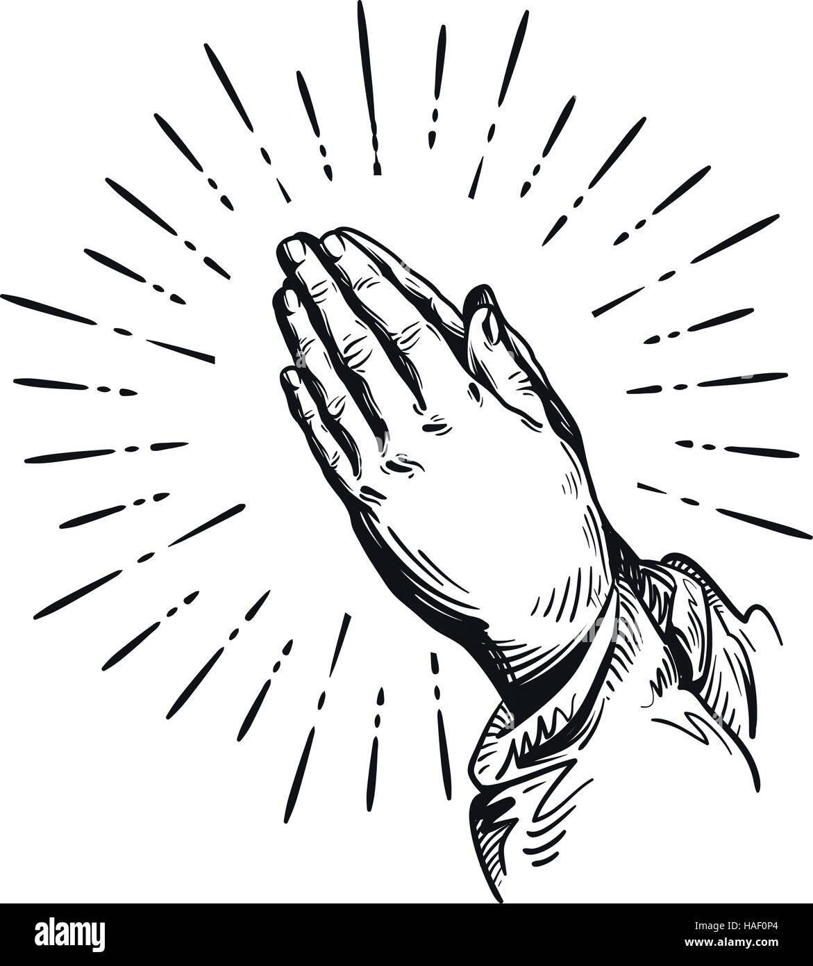 Gebet. Skizze, die Hände zu beten. Vektor-Illustration isoliert auf weißem Hintergrund Stock Vektor