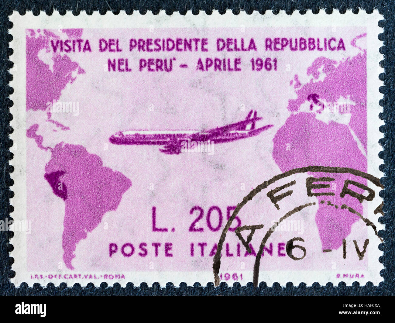 Biella, Italien - 26. November 2016. Seltene post Stempel "gronchi Rosa", der Besuch von Präsident gronchi in Peru im April 1961 Stockfoto