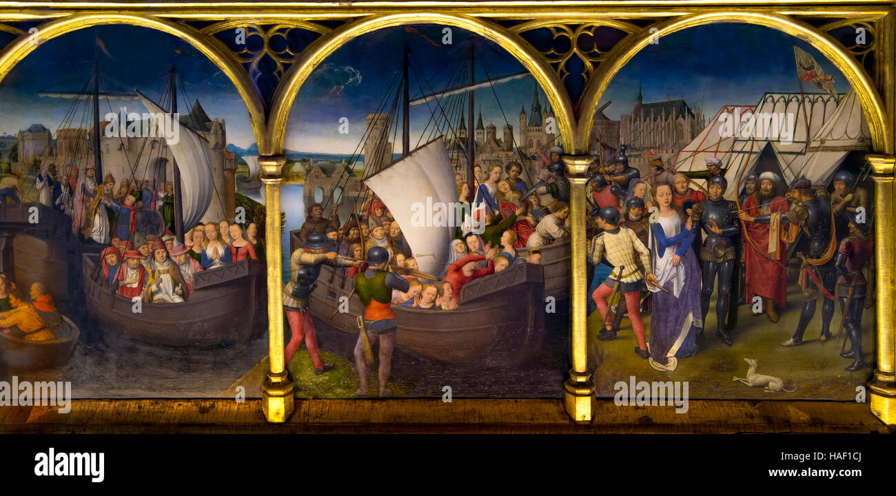 Sankt Ursula Heiligtum, Abreise aus Basel, Martyrium in Köln, von Hans Memling, 1489, St. Johannes Hospital, Brügge, Belgien, Europa Stockfoto