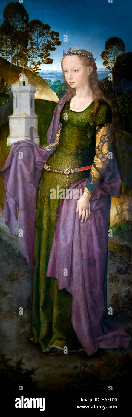 Rechten Seite der Heiligen Barbara, Triptychon von Adriaan Zügel, von Hans Memling, 1480, Str. Johns Krankenhaus. Brügge, Belgien Stockfoto