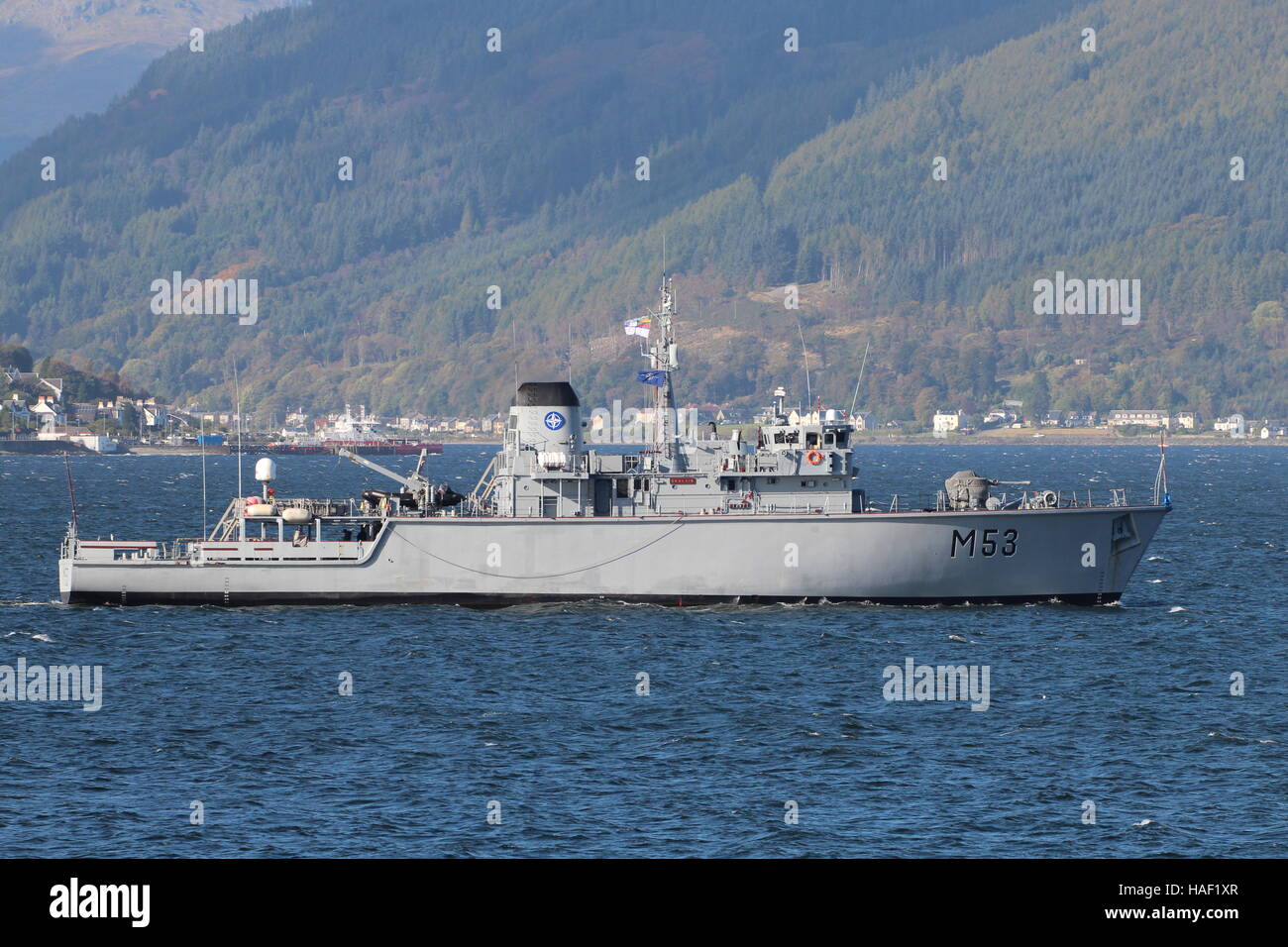 LNS Skalvis (M53), ein Jagd-Klasse Mine Gegenmaßnahmen Schiff der litauischen Marine, Ankunft für Übung Joint Warrior 16-2. Stockfoto