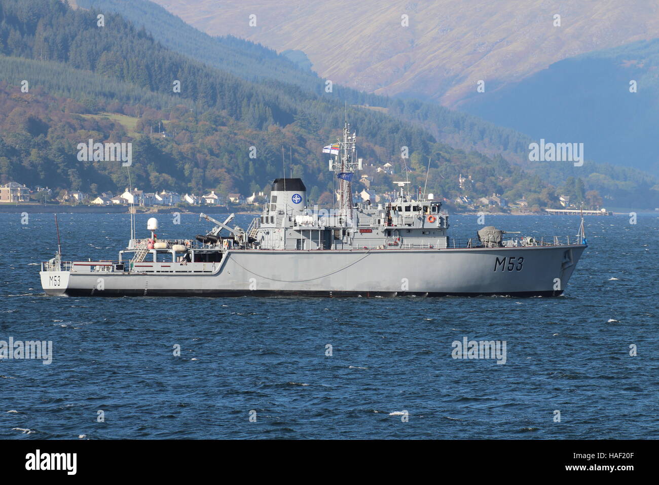 LNS Skalvis (M53), ein Jagd-Klasse Mine Gegenmaßnahmen Schiff der litauischen Marine, Ankunft für Übung Joint Warrior 16-2. Stockfoto