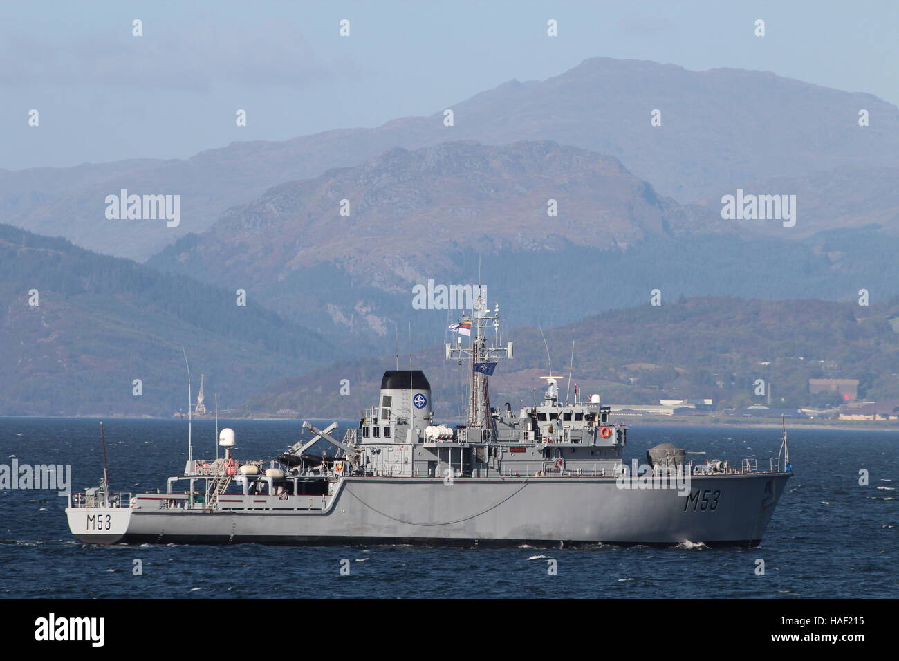 LNS Skalvis (M53), ein Jagd-Klasse Mine Gegenmaßnahmen Schiff der litauischen Marine, Ankunft für Übung Joint Warrior 16-2. Stockfoto