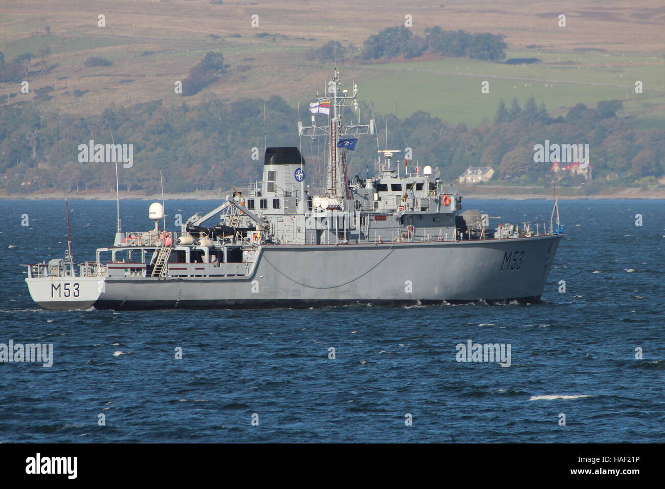 LNS Skalvis (M53), ein Jagd-Klasse Mine Gegenmaßnahmen Schiff der litauischen Marine, Ankunft für Übung Joint Warrior 16-2. Stockfoto