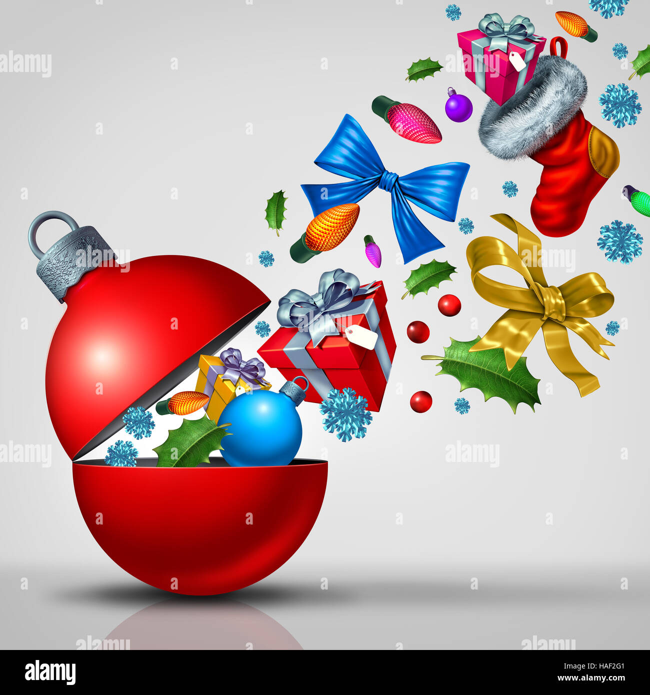 Weihnachts-Überraschung-Konzept und Neujahrsfeier als eine magische öffnen rote Dekoration Ornament mit Winter Feier Symbole auftauchen als Holly Schnee Stockfoto