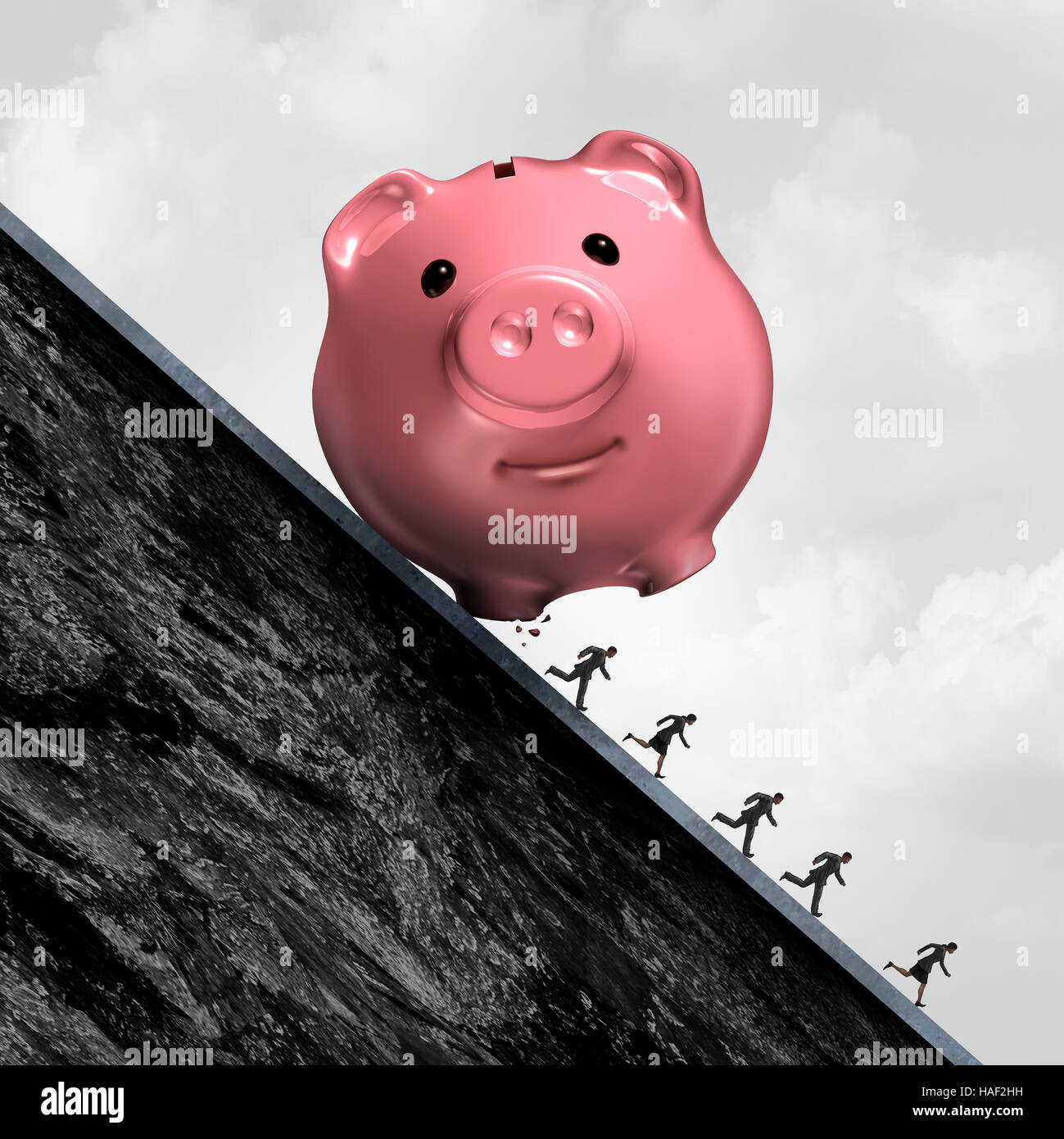 Finanzschulden Druck und Buchhaltung Ausgaben Stress als ein Sparschwein mit Menschen in Verzweiflung mit 3D Abbildung el weglaufen einen Hügel hinunter Rollen Stockfoto
