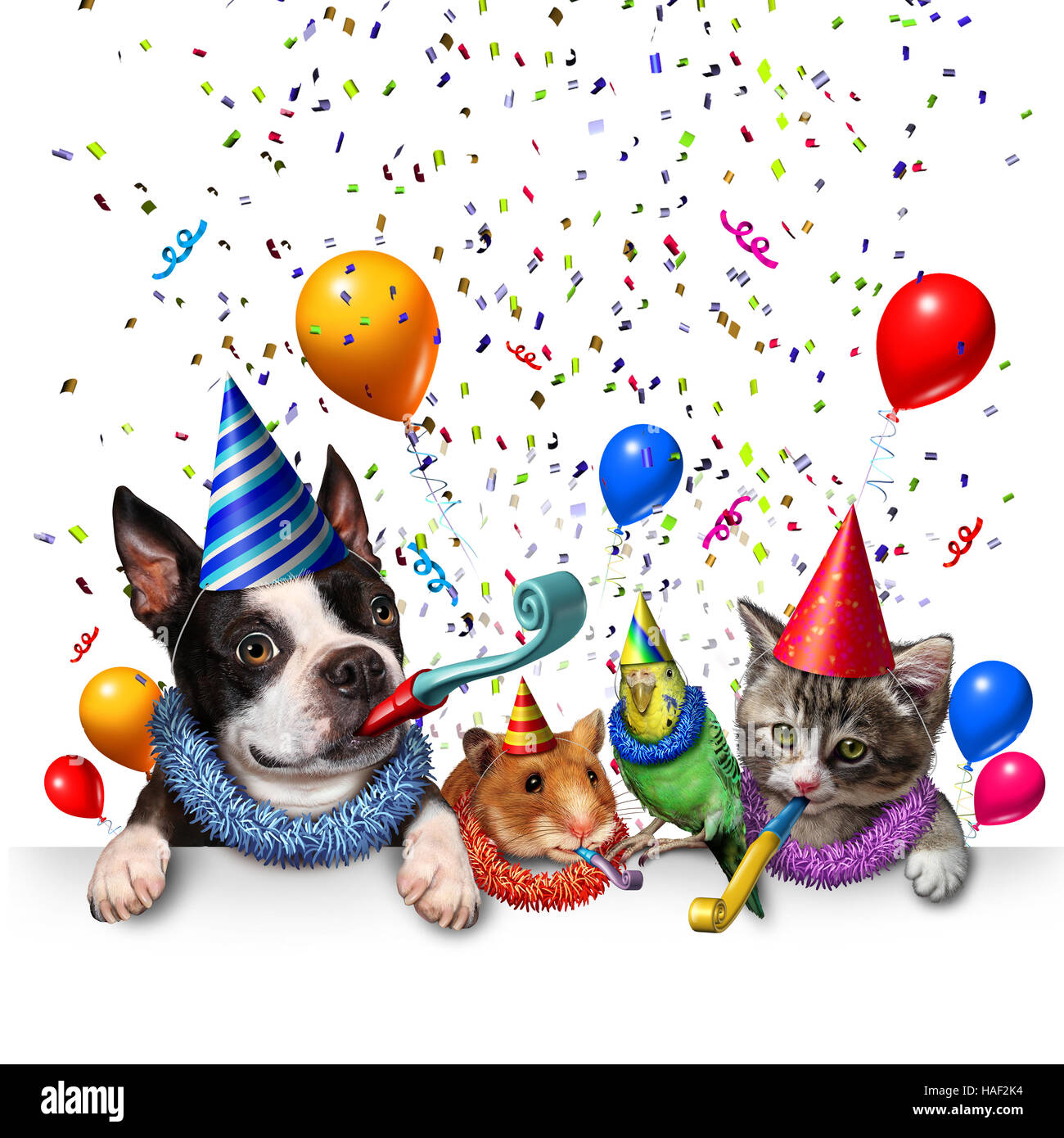 Pet Party Feier und Neujahr feiern als eine Gruppe von Haustieren als glücklicher Hund Katze Vogel und Hamster feiern ein Jubiläum oder Geburtstag party mit 3 Stockfoto