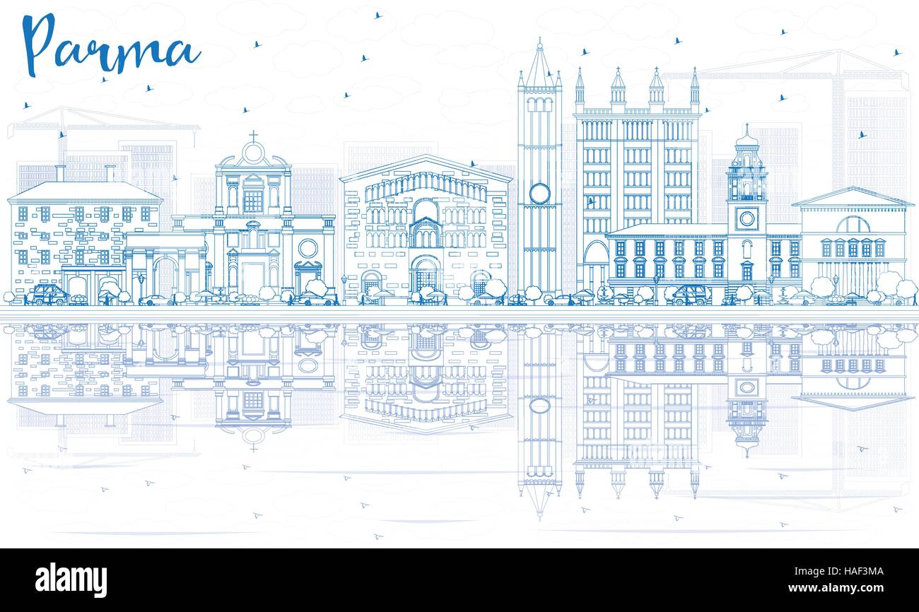 Umriss Parma Skyline mit blauen Gebäuden und Reflexionen. Vektor-Illustration. Geschäftsreisen und Tourismus-Konzept mit historischer Architektur. Stock Vektor