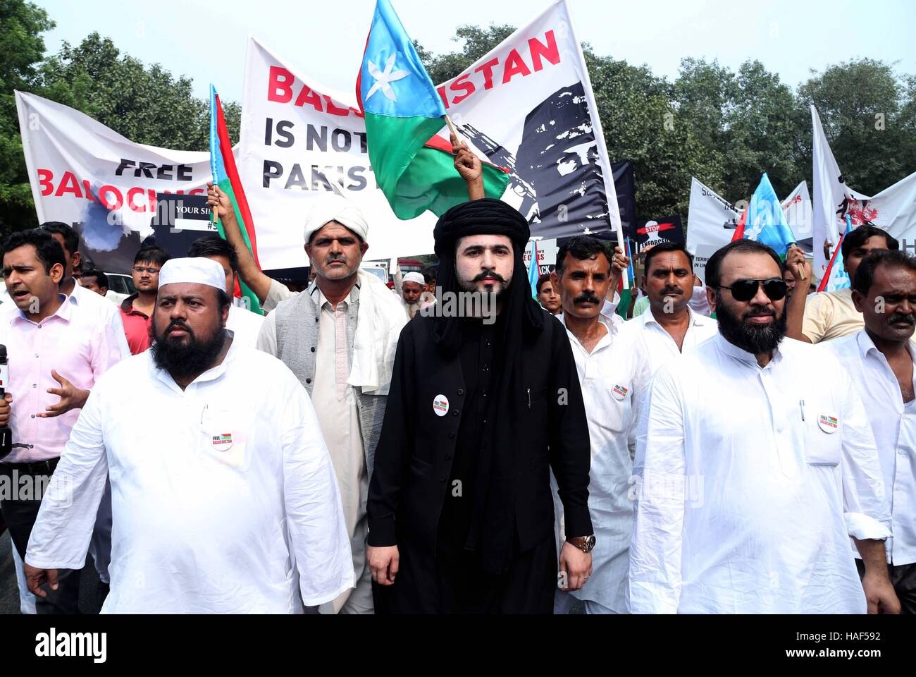 Baloch Führer Dilshad Mazdak Baloch alle Indien Baloch Einheit Forum Stufen protestieren gegen Pakistan Hochkommissariat New Delhi Stockfoto