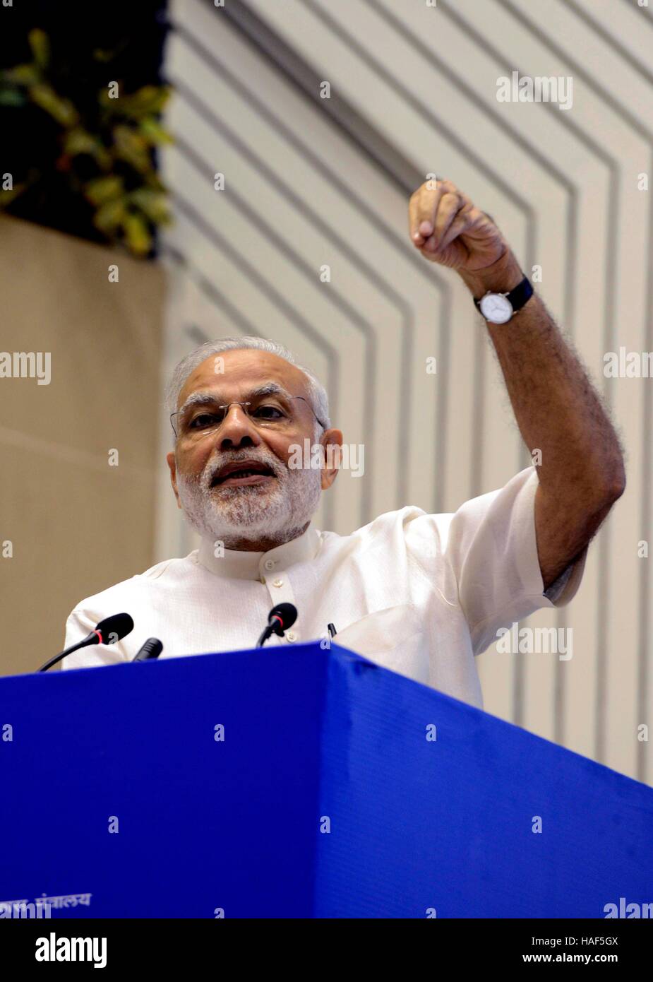 Prime Minister Narendra Modi spricht bei der Eröffnungsfeier von Indien Hygiene Konferenz (INDOSAN) in Neu-Delhi Stockfoto