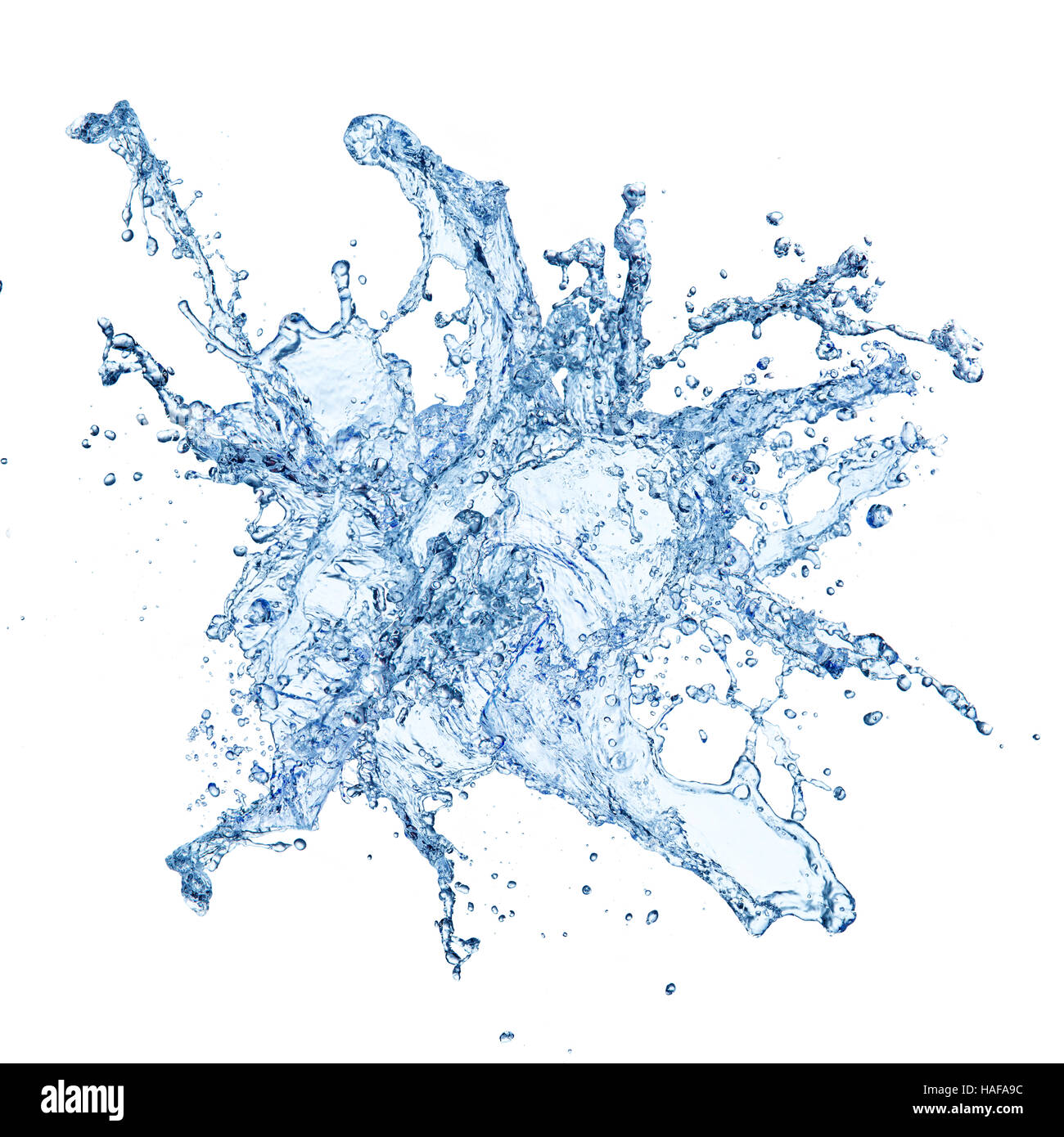 Blaue abstrakte Wasserspritzer, isoliert auf weißem Hintergrund Stockfoto