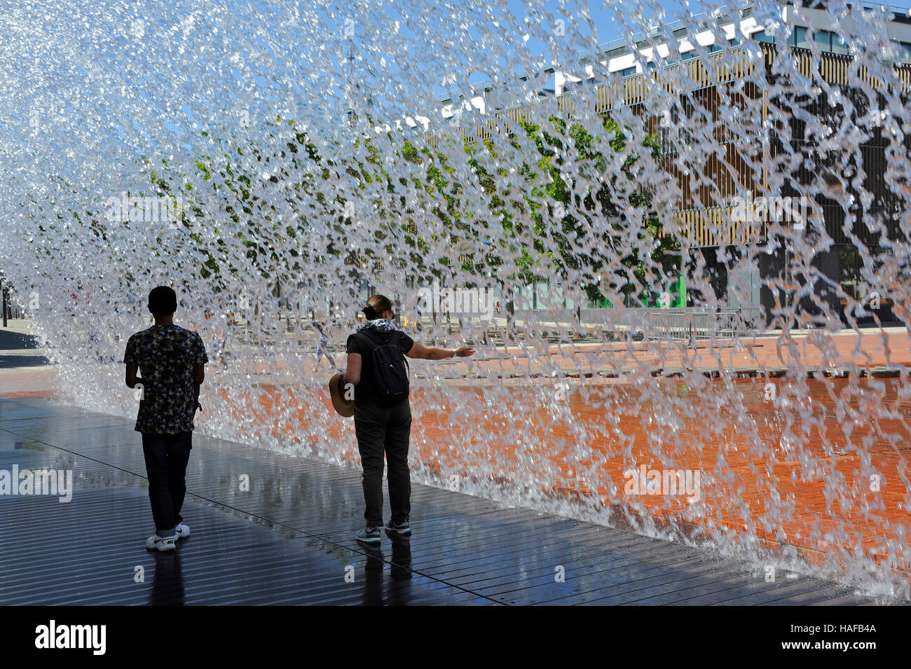 Wasserwand, Jardim da Agua, Wasser-Garten, Parque Das Nacoes, Nation Park, Lisboa, Lissabon, Portugal Stockfoto