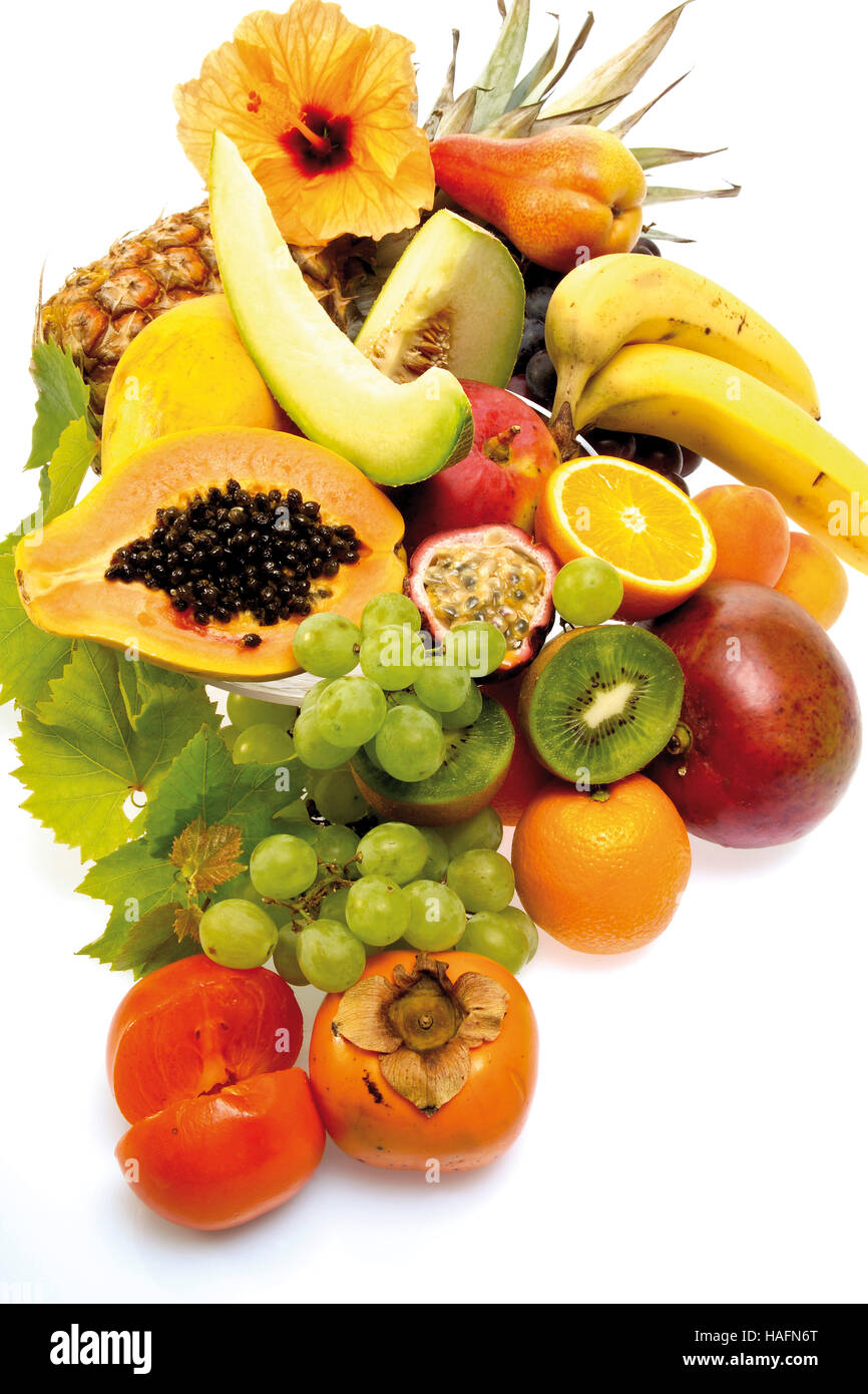 Verschiedene Arten von Früchten, Ananas, Melonen, Bananen, Mango, Kiwi, Orange, Kaki, Leidenschaft Obst, Kumquat, Birne, Trauben Stockfoto