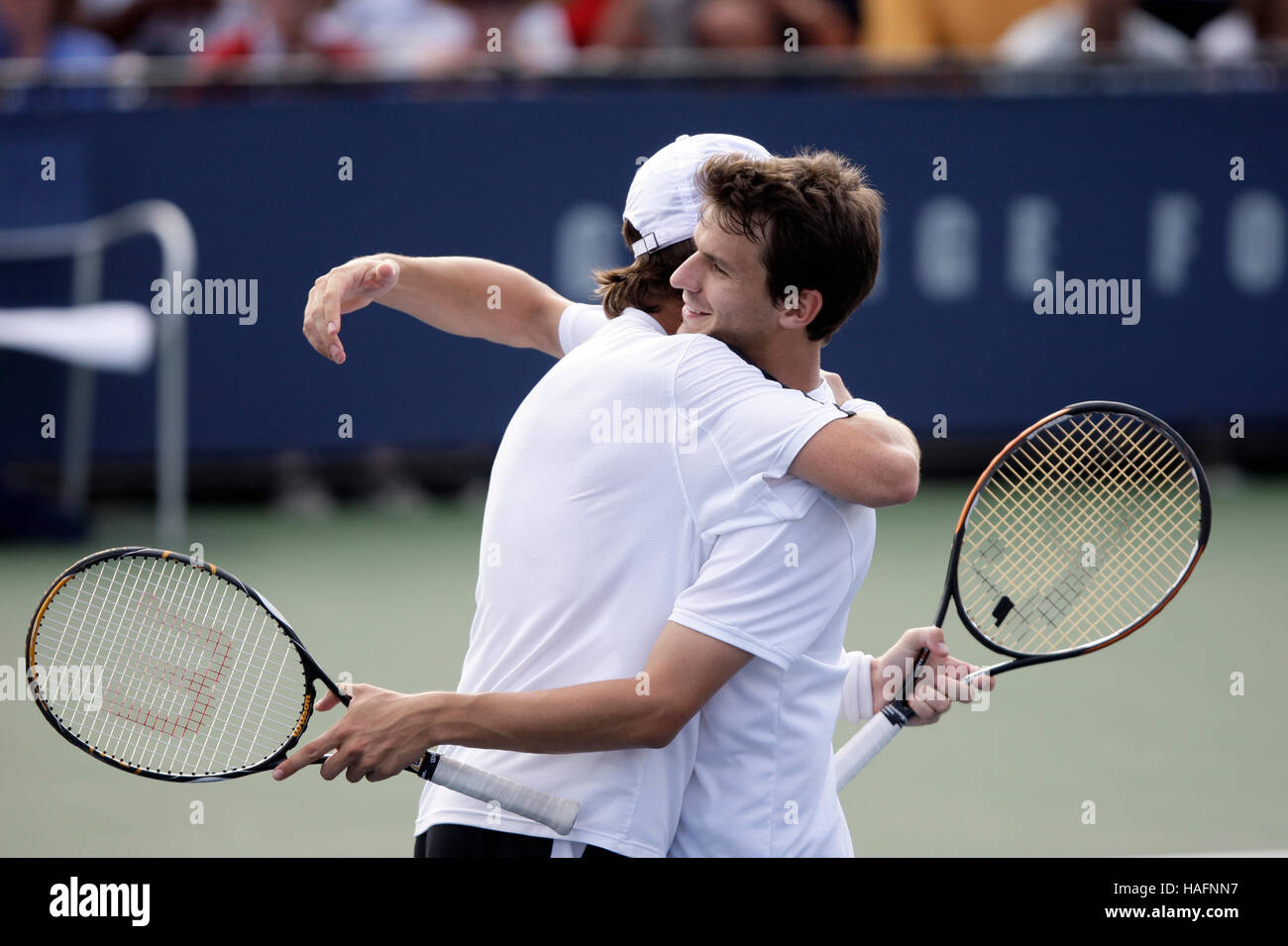 Christopher Kas und Philipp Petzschner in einem Doppel übereinstimmen, Grand-Slam-Turnier, US Open 2008, USTA Billie Jean nationalen Tennis Stockfoto