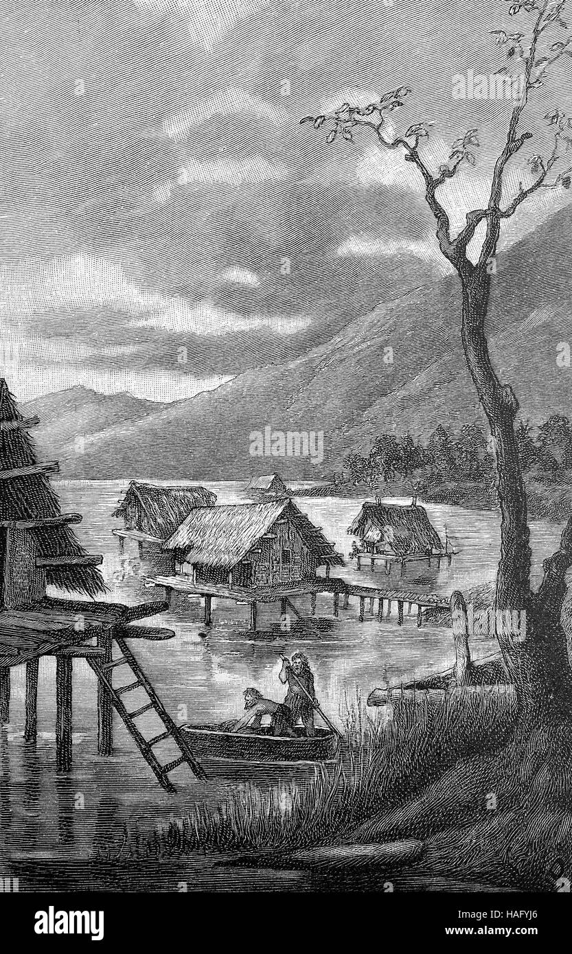 Dorf von Pfahlbauten, Pfahlbauten oder Palafitte, hier am Bodensee, Deutschland, Holzschnitt aus dem Jahr 1880 Stockfoto