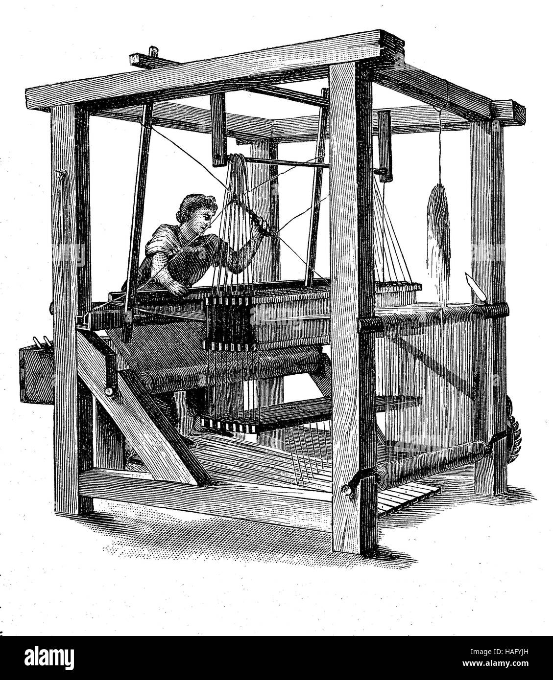Ein Webstuhl, ein Gerät zum Weben von Tuch und Gobelin., Holzschnitt aus dem Jahr 1880 Stockfoto