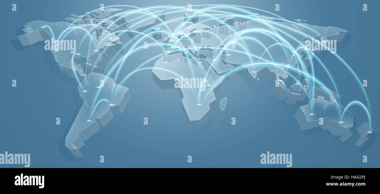Ein 3d blau Weltkarte Hintergrund Konzept mit Flugrouten oder Routen Stockfoto