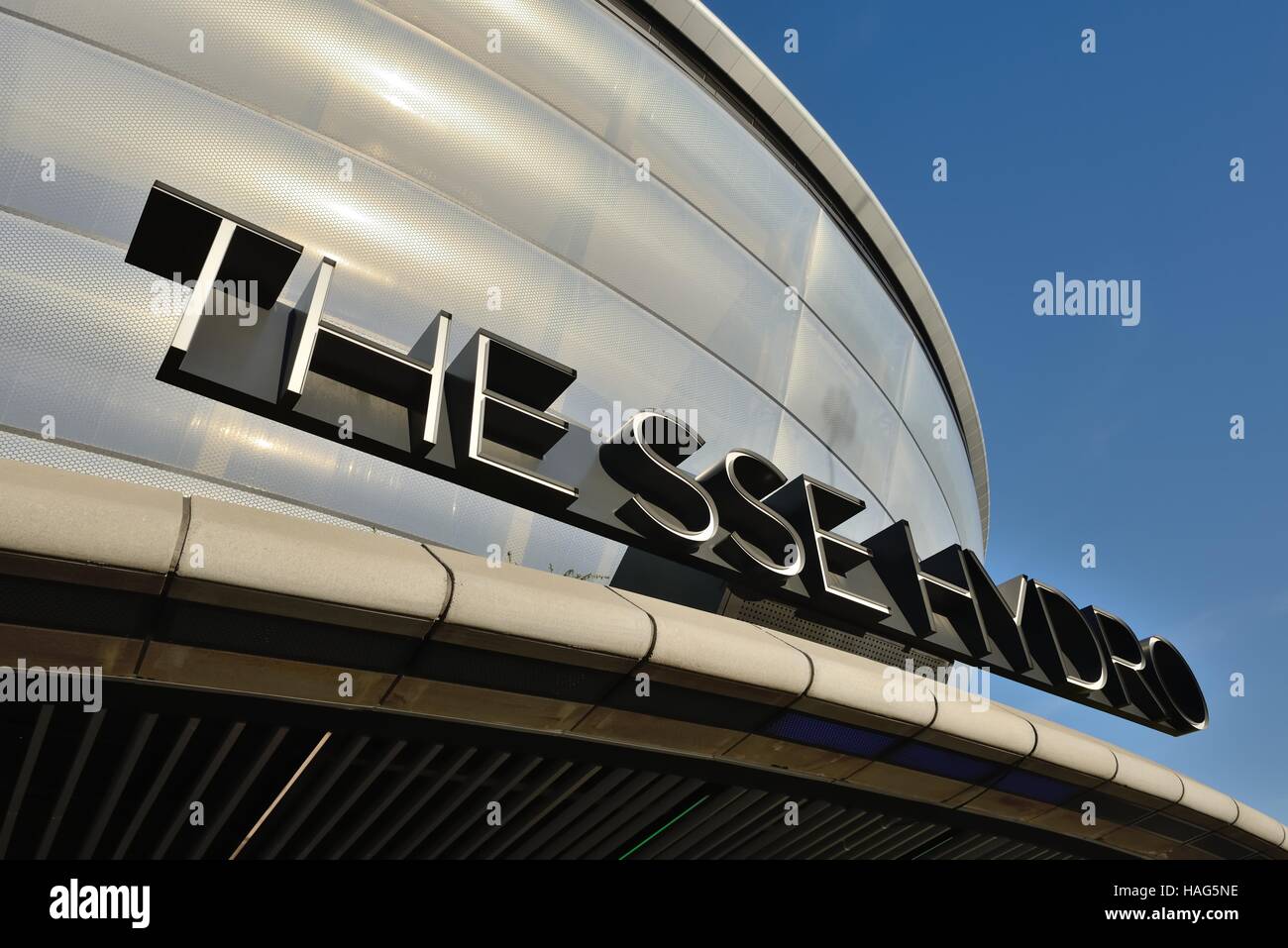 Vor dem Eingang Zeichen der SSE Hydro in Glasgow, Schottland, Großbritannien. Stockfoto