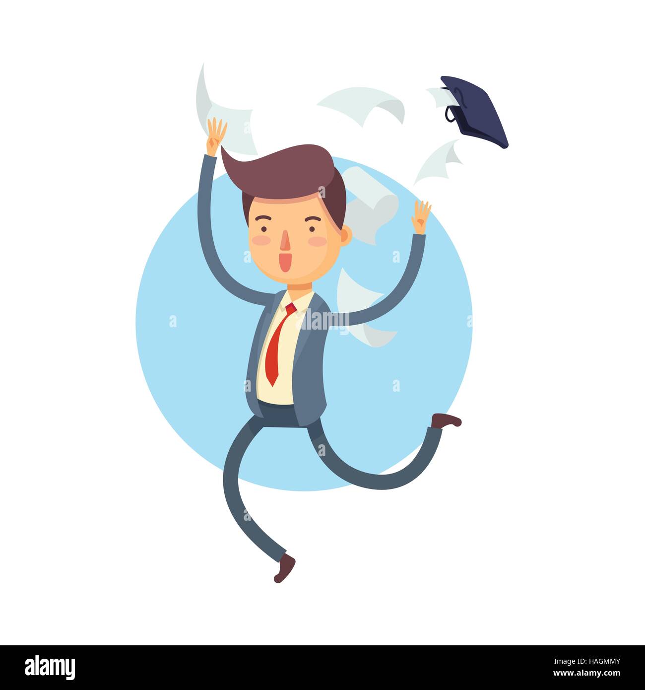 Vektor-Illustration von glücklich Geschäftsmann seine Tasche wegwerfen und dokumentieren Papiere hinausfliegen, Zeichentrickfigur Stock Vektor