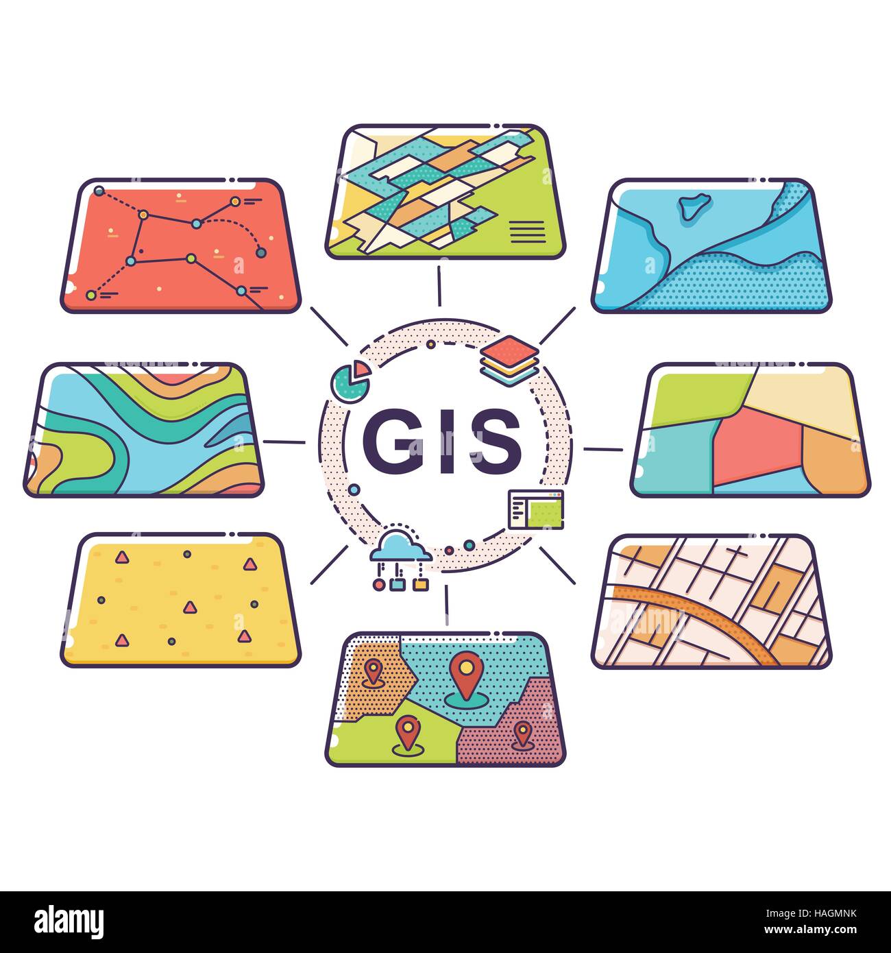 Vektor-Illustration von GIS Geodaten Schichten Konzept für Business-Analyse, geografische Informationen Systemdesign, Symbole, Linie Stock Vektor