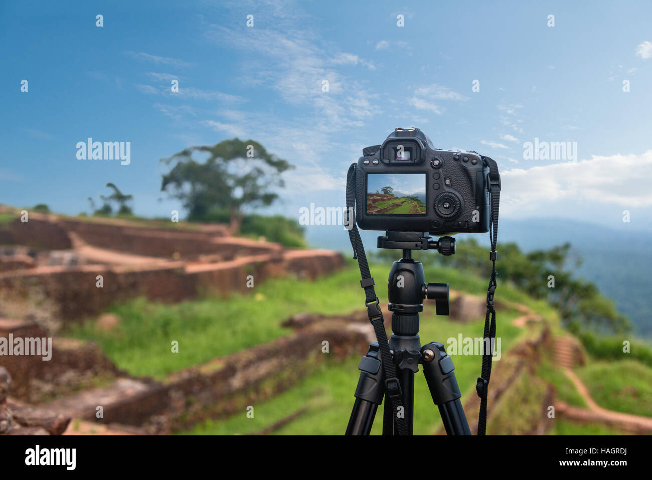 Foto-Kamera auf Stativ im Freien montiert Stockfoto