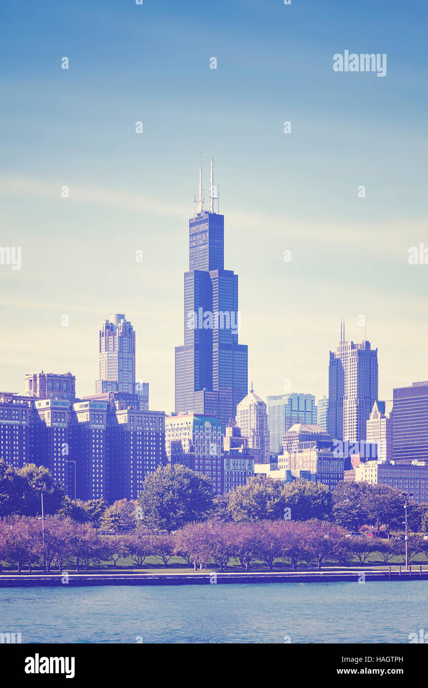 Retro-getönten Foto von Chicago downtown Skyline der Stadt, USA. Stockfoto