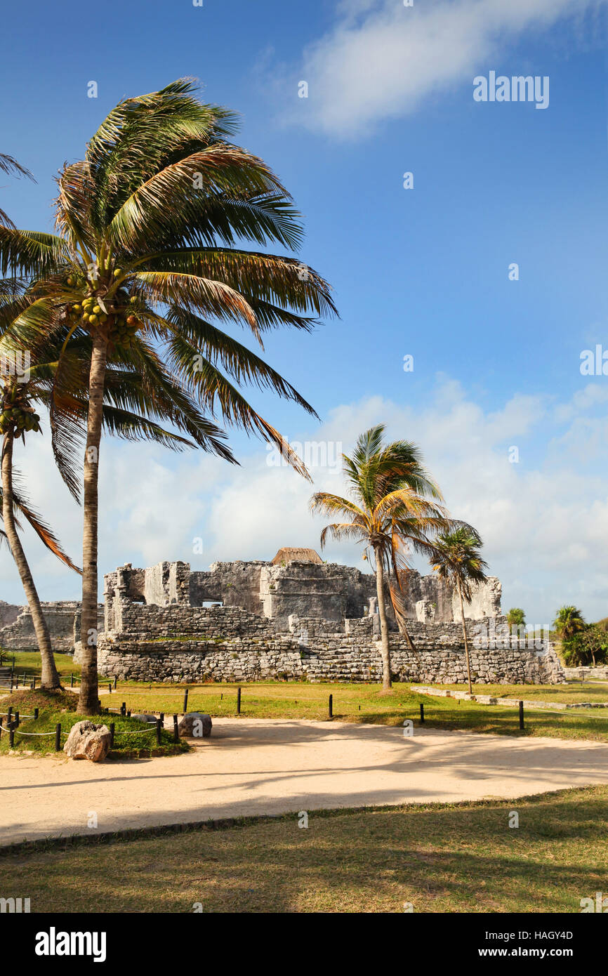 Ruinen von Tulum, die präkolumbische Maya ummauerten Stadt dient als ein wichtiger Hafen für Cobá. Playa del Carmen, Halbinsel Yucatán, Mexiko. Stockfoto