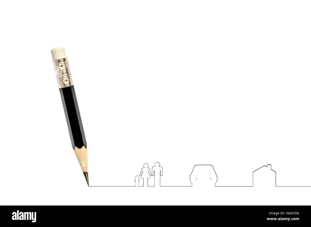 Schwarzer Bleistift auf weißem Backgrond, design für allgemeine menschliche Art und Weise der Lebenskonzept. Stockfoto