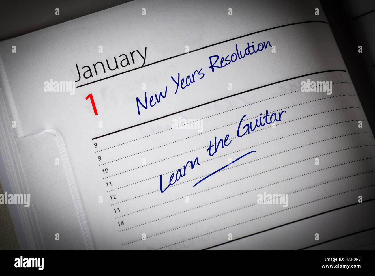 New Years Resolution im Tagebuch Stockfoto