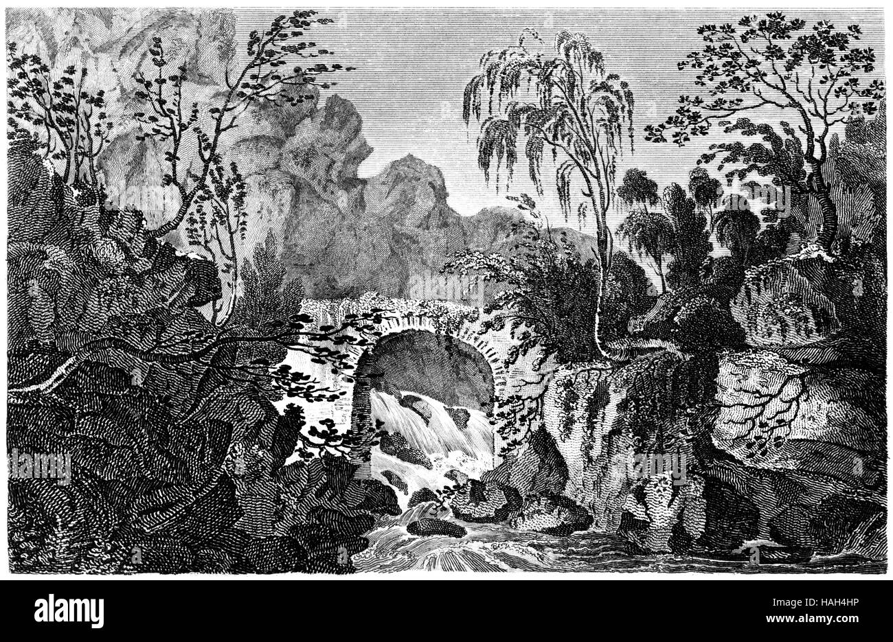 Eine Gravur der Pont Y Prydd oder der neue Bidge über die Fuchsfalle gescannt Glamorganshire in hoher Auflösung aus einem Buch, gedruckt im Jahre 1812. Stockfoto