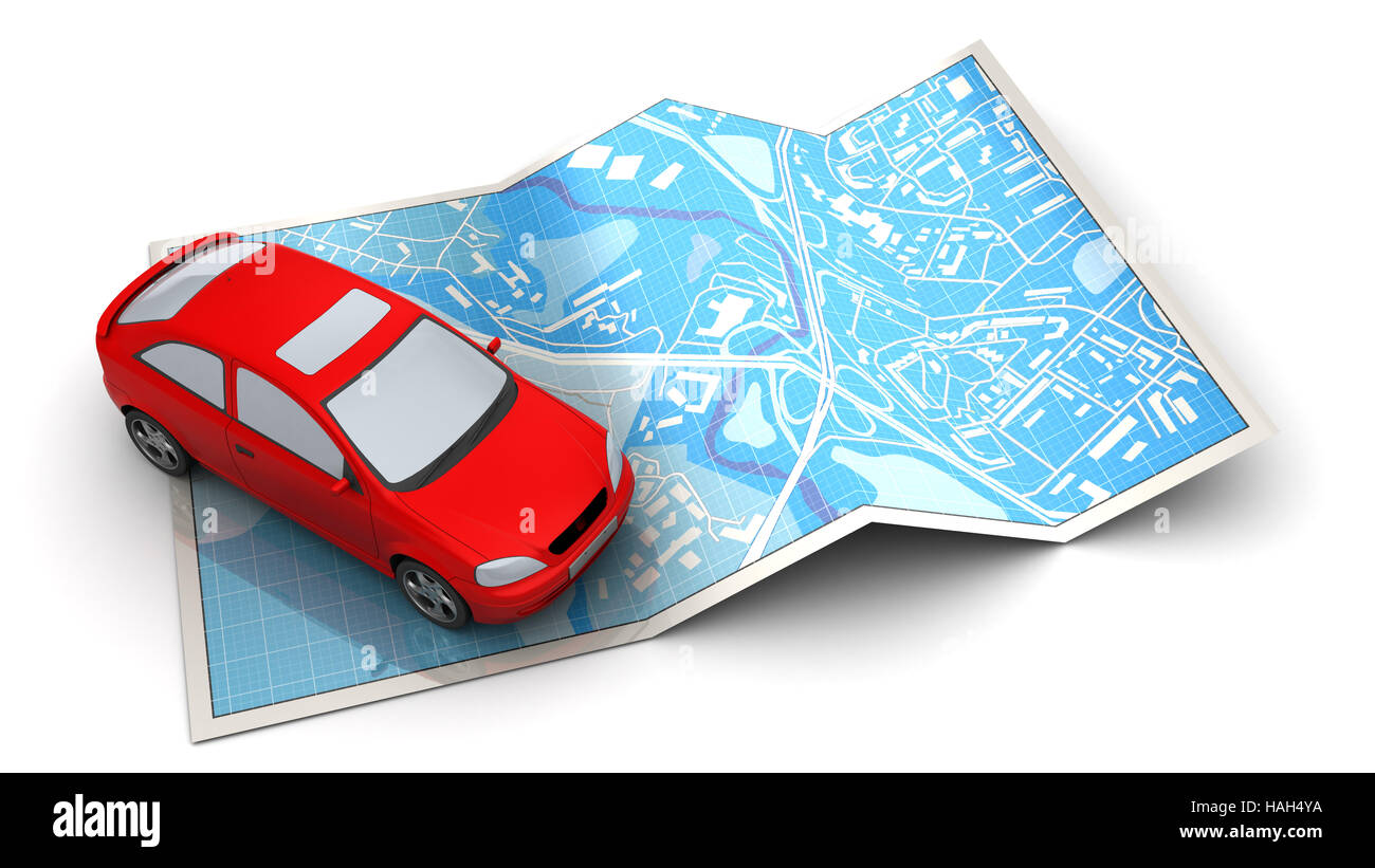 3D Abbildung des rotes Auto und Stadtplan auf weißem Hintergrund Stockfoto