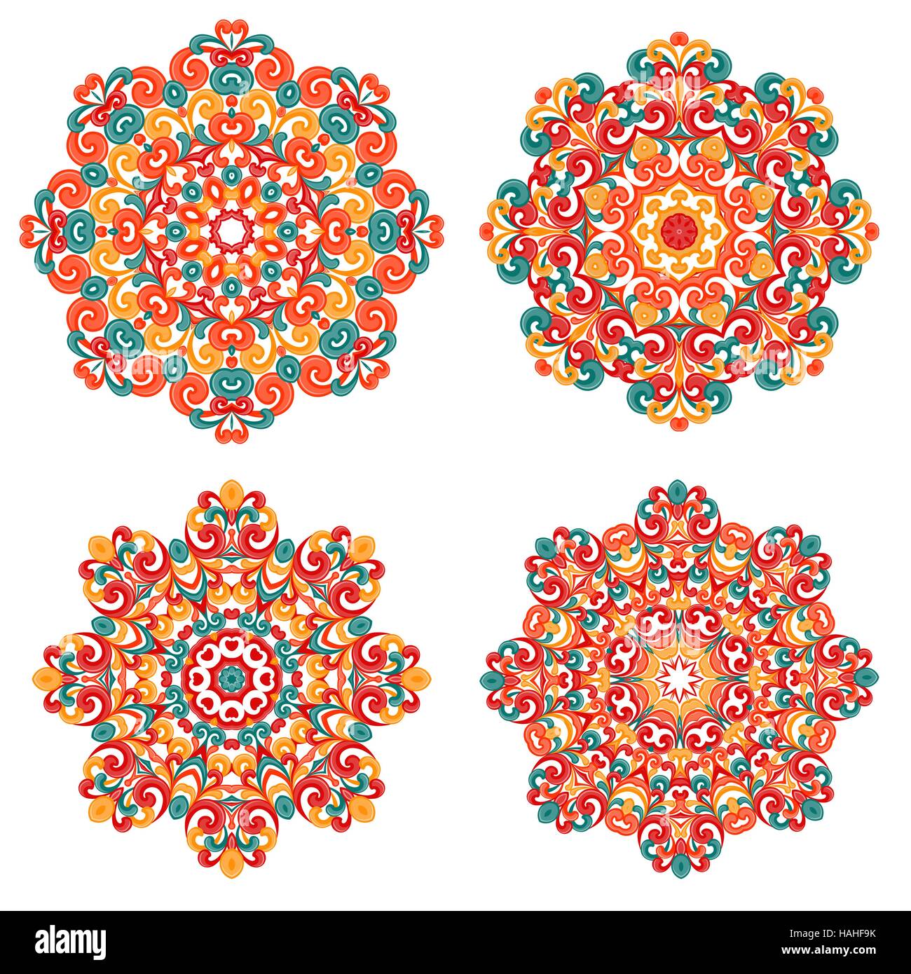 Bunte Mandalas im orientalischen Stil. Satz von Runde Ethno-Mustern isoliert auf weißem Hintergrund. Traditionelle Spitzen Verzierungen. Arabisch, asiatisch, islamischen, indischen Motiven. Vektor-Illustration. Stock Vektor