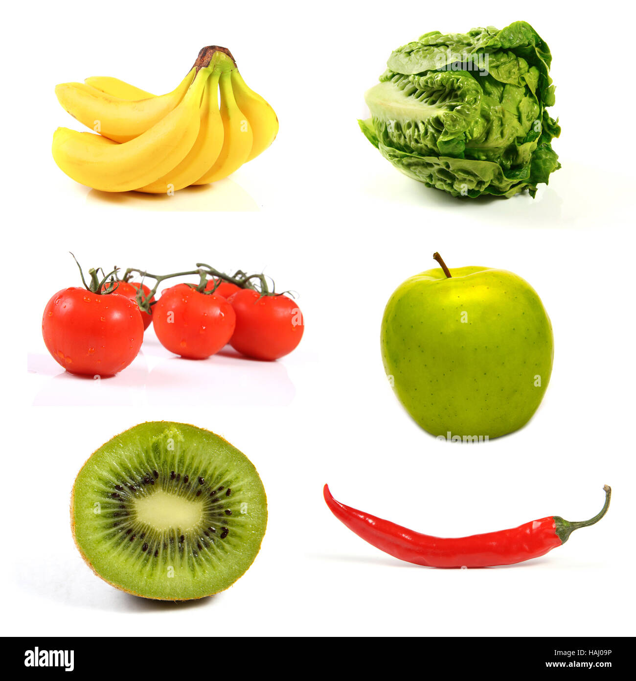 Obst und Gemüse isoliert auf weißem Stockfoto