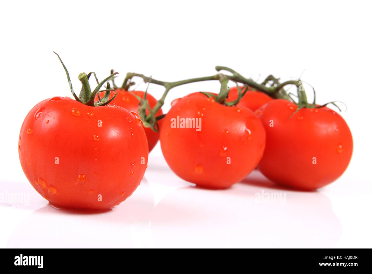 Reihe von Tomaten mit Tröpfchen Stockfoto