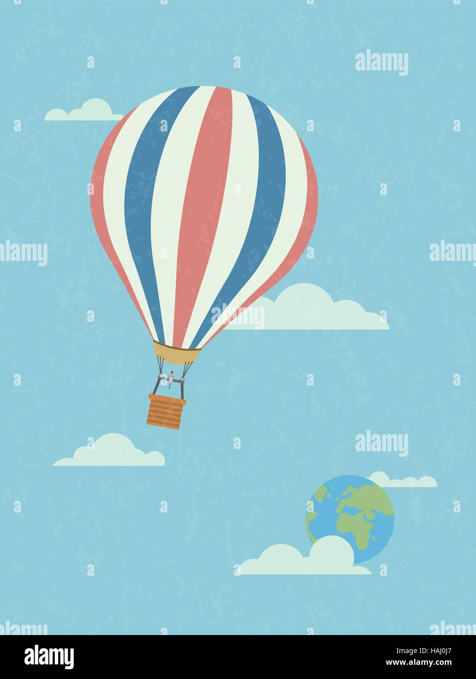 Globale Reisekonzept, Heißluftballon in den Himmel, die Erde zu verlassen. Retro-Stil, Grunge Textur, Pastell-Farben Stock Vektor