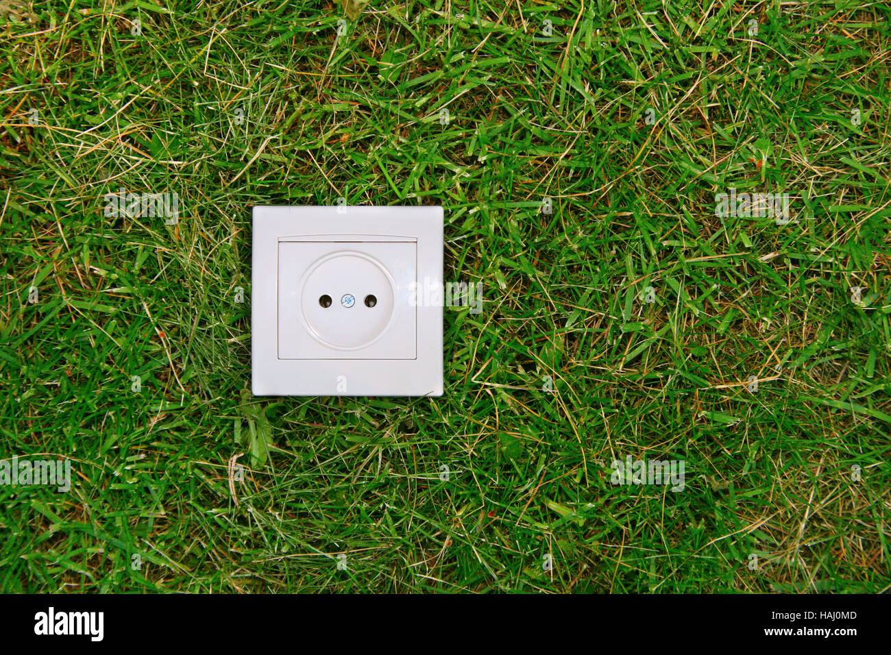 grünes Energiekonzept: Steckdose auf einer Wiese Stockfoto