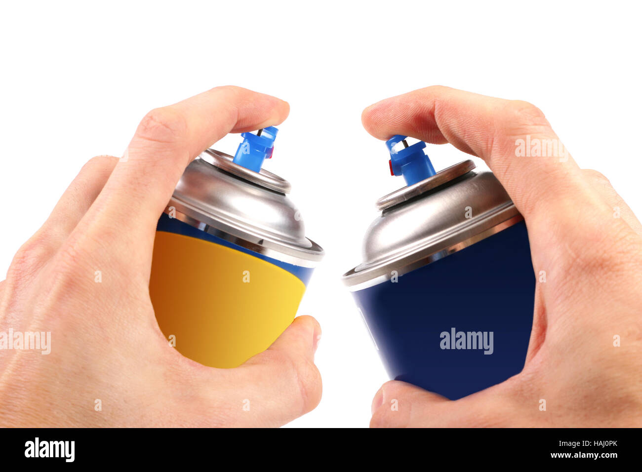 zwei Graffiti Farbe Spraydosen in Händen Stockfoto