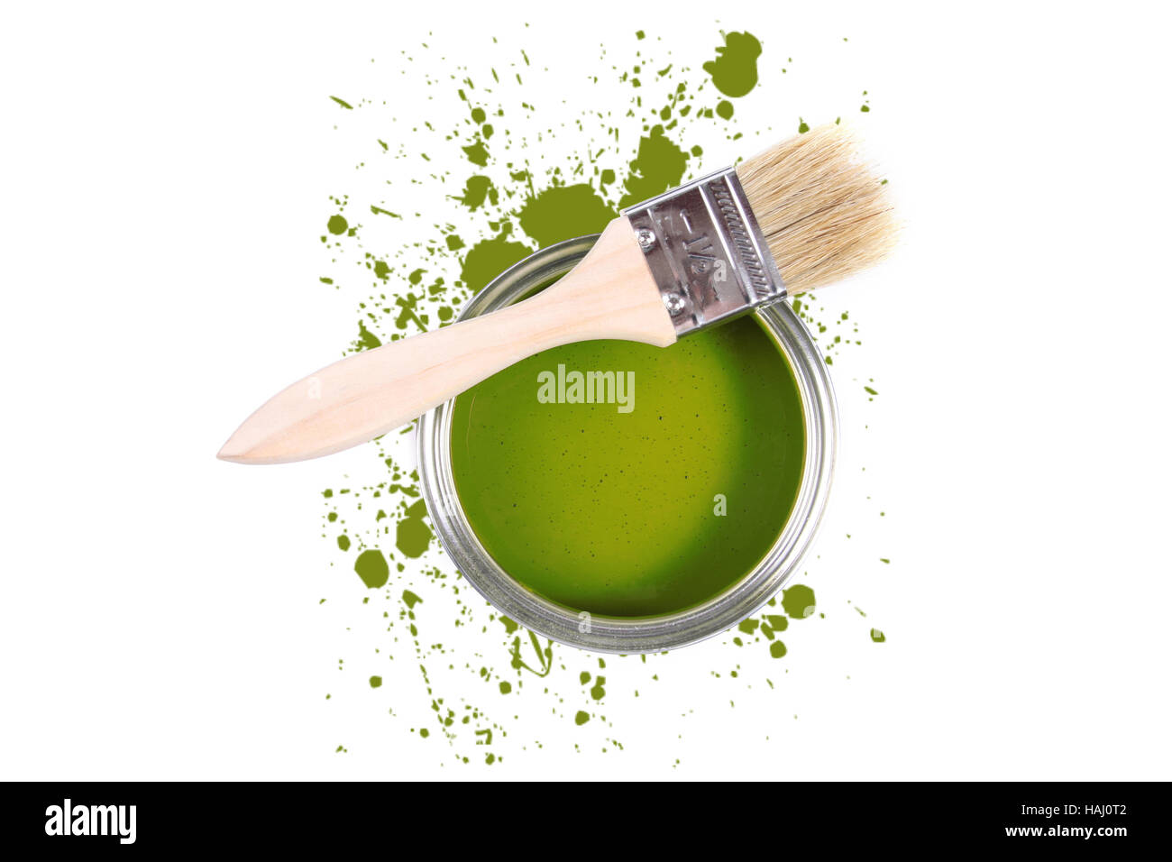 Grüner Farbe kann mit Pinsel und Farbe Flecken. Stockfoto