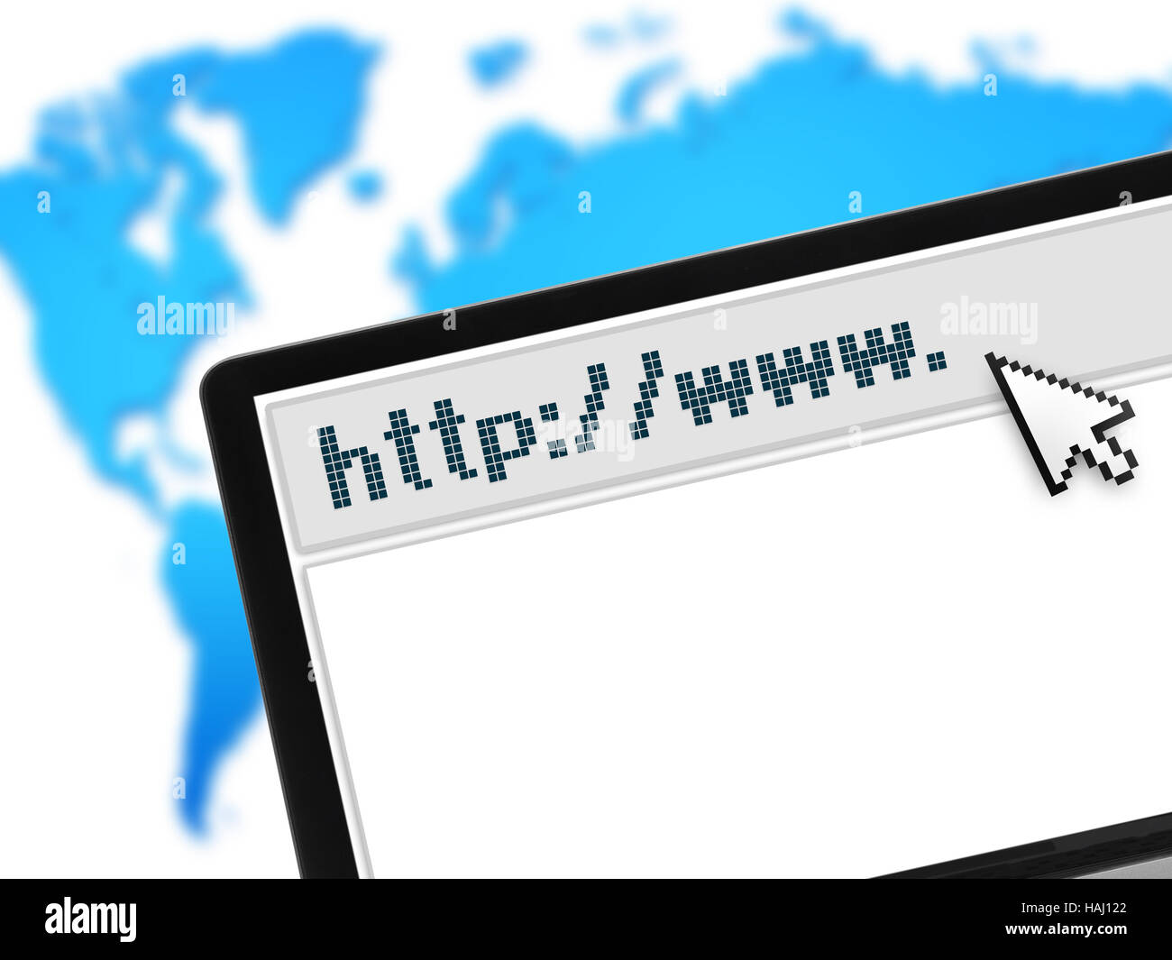 Laptop mit Web-Browser über Weltkarte Stockfoto
