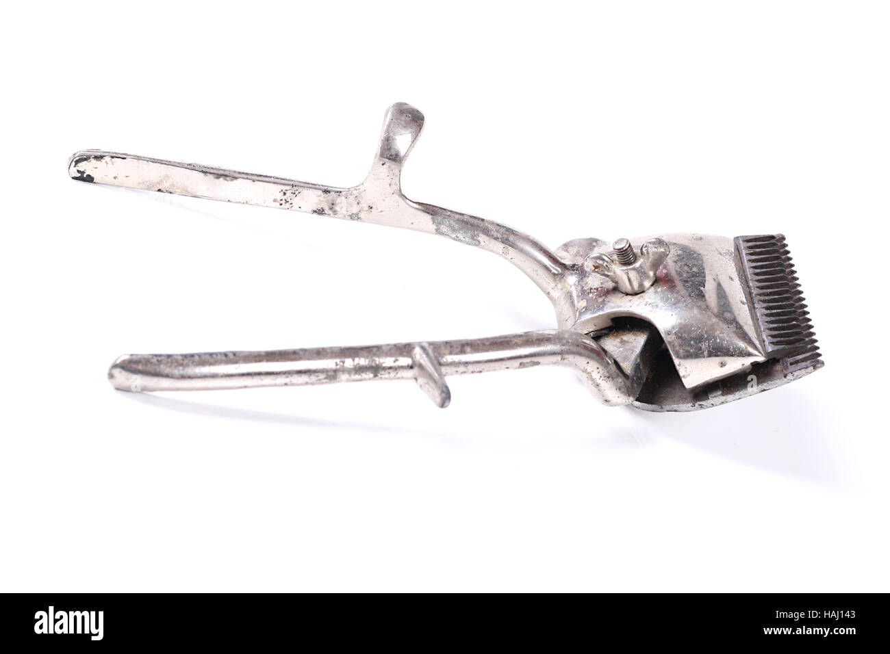alten Haarschneidegerät isoliert auf weißem Hintergrund Stockfoto