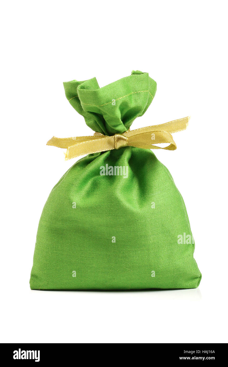 grünes Tuch-Sack, die isoliert auf weißem Hintergrund Stockfoto
