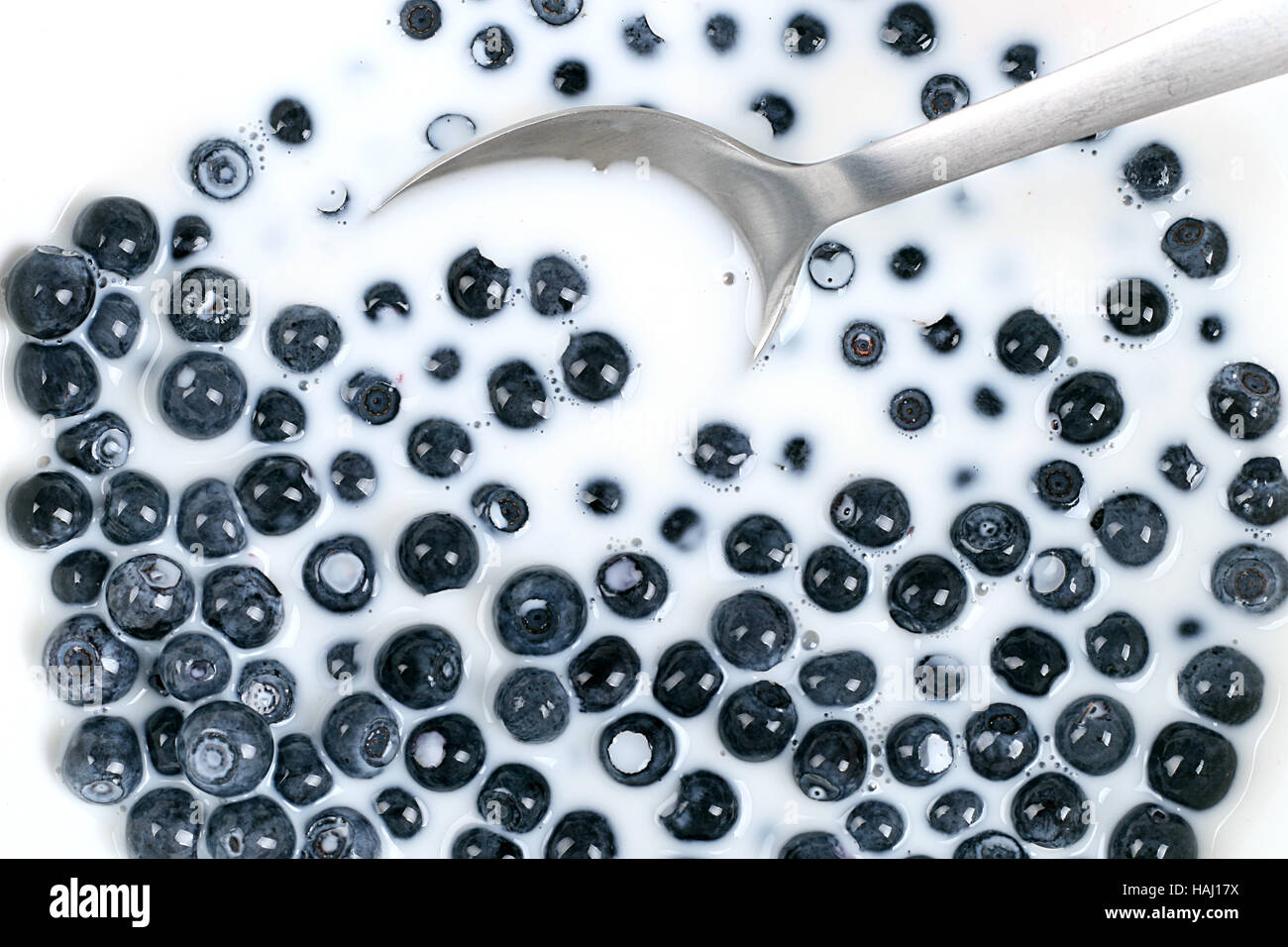 Nahaufnahme von Heidelbeeren mit Milch Stockfoto