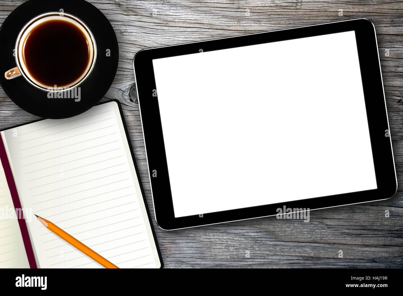 Arbeitsplatz mit digitalen Tablet, Notebook und Kaffeetasse Stockfoto