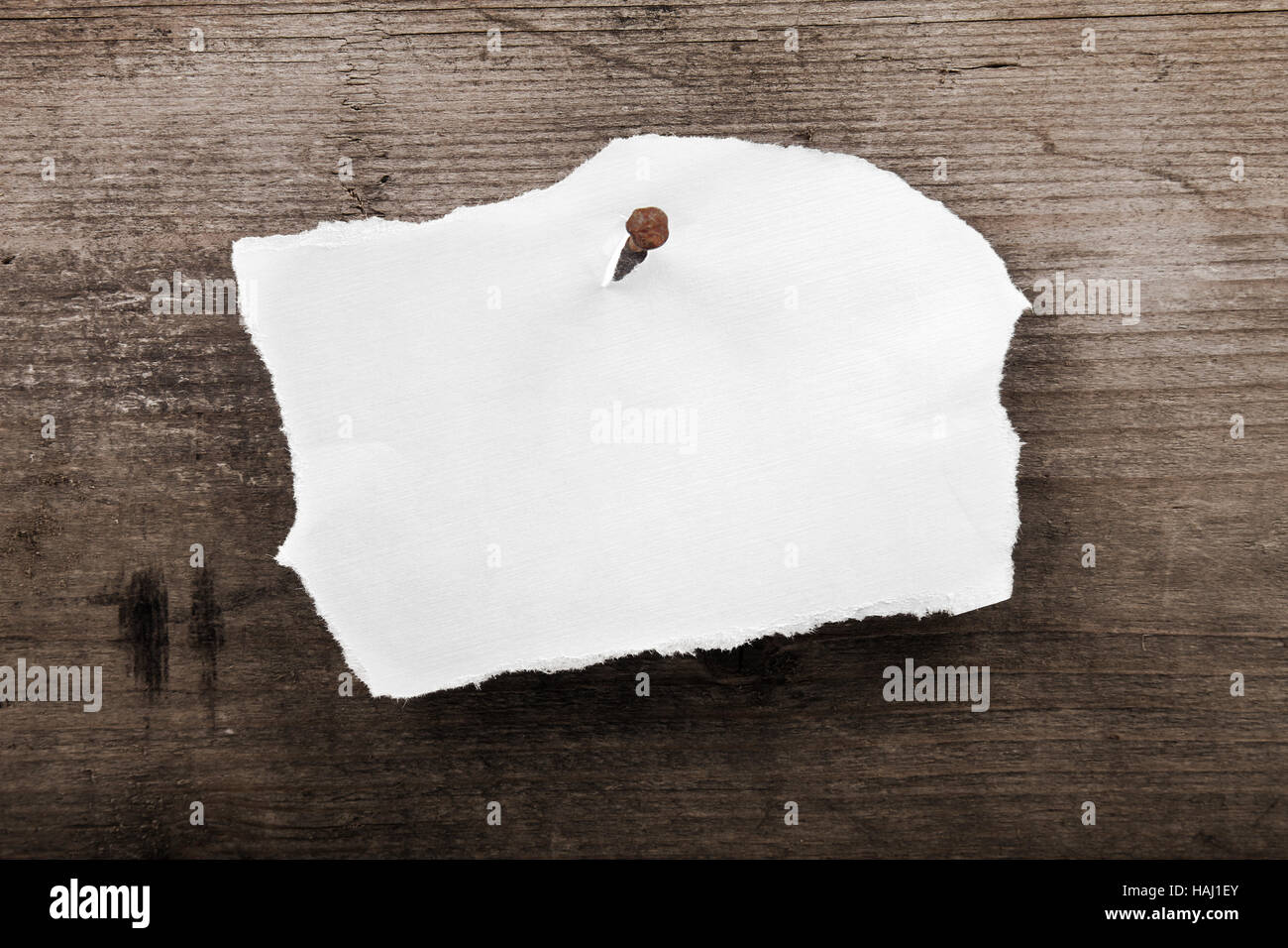 weißes Papier auf die Holzwand genagelt Stockfoto