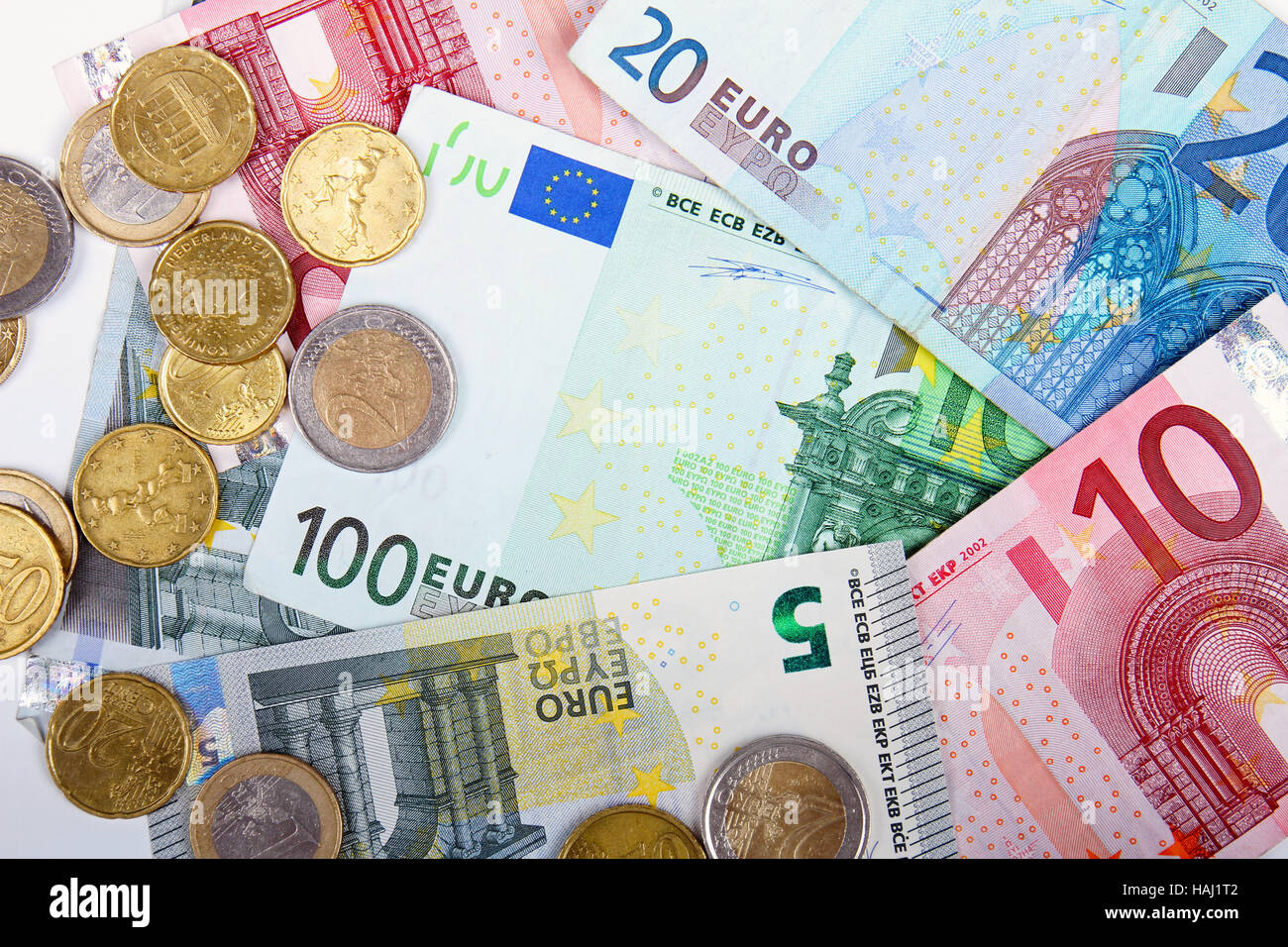 Euro Geld Münzen und Banknoten Stockfoto