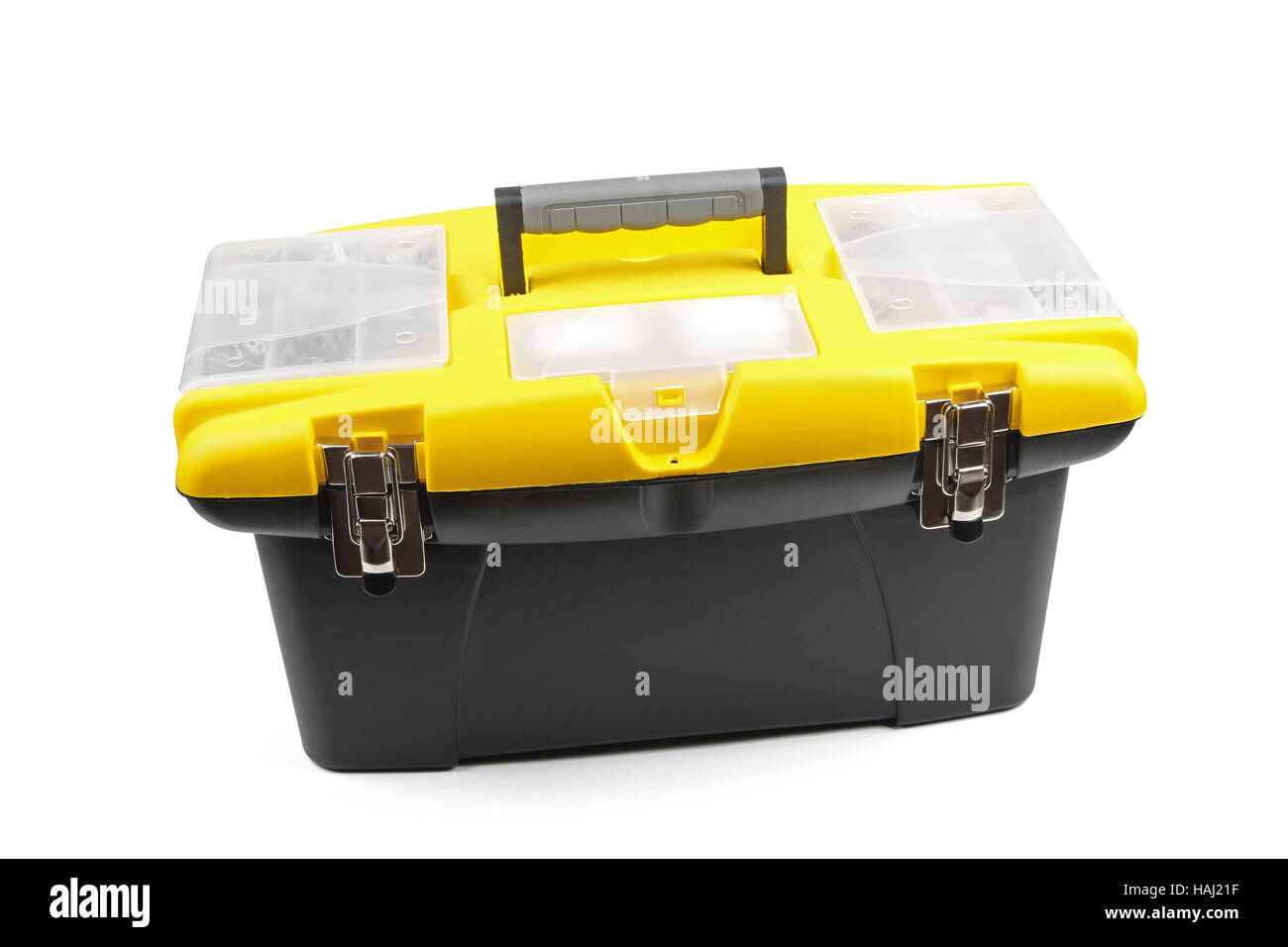 gelber Kunststoff Werkzeugkasten isoliert auf weißem Hintergrund Stockfoto