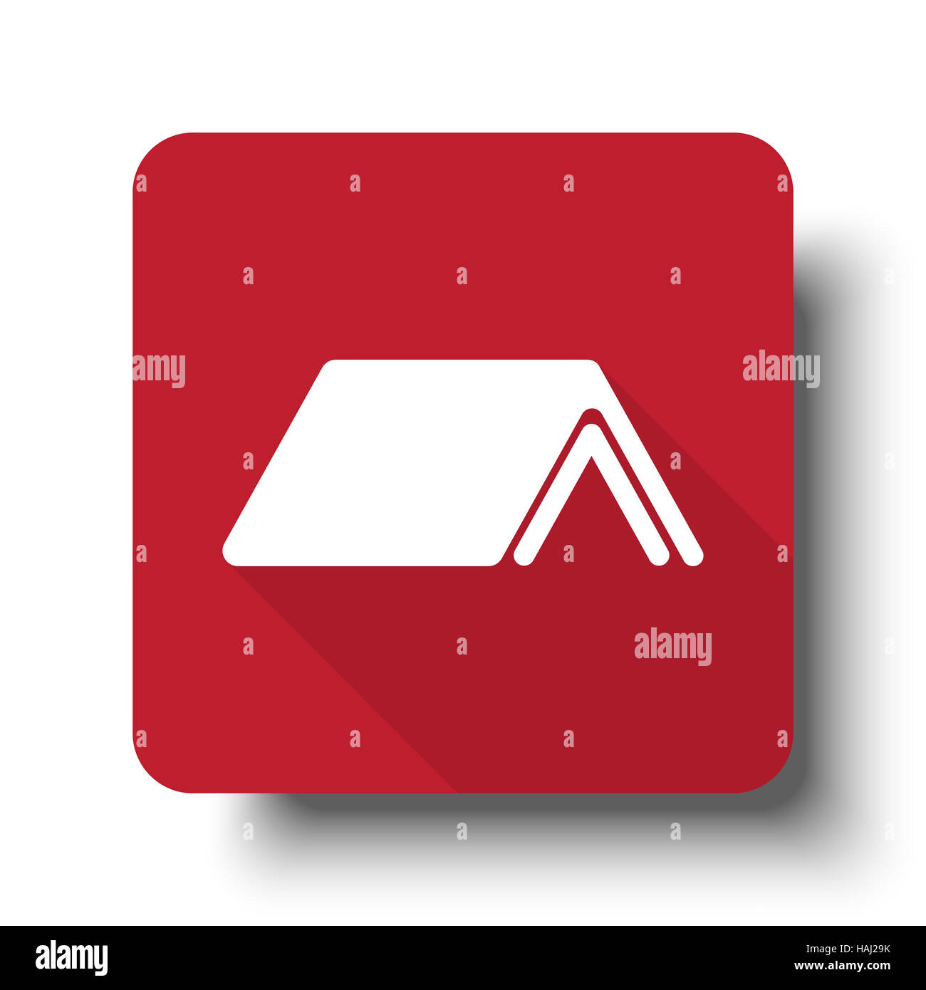 Flaches Dach-Web-Symbol auf roten Button mit Schlagschatten Stockfoto