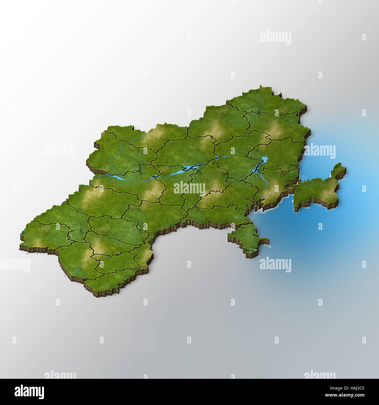 Isometrischen Karte der Ukraine mit Regionen und Flüsse Stockfoto